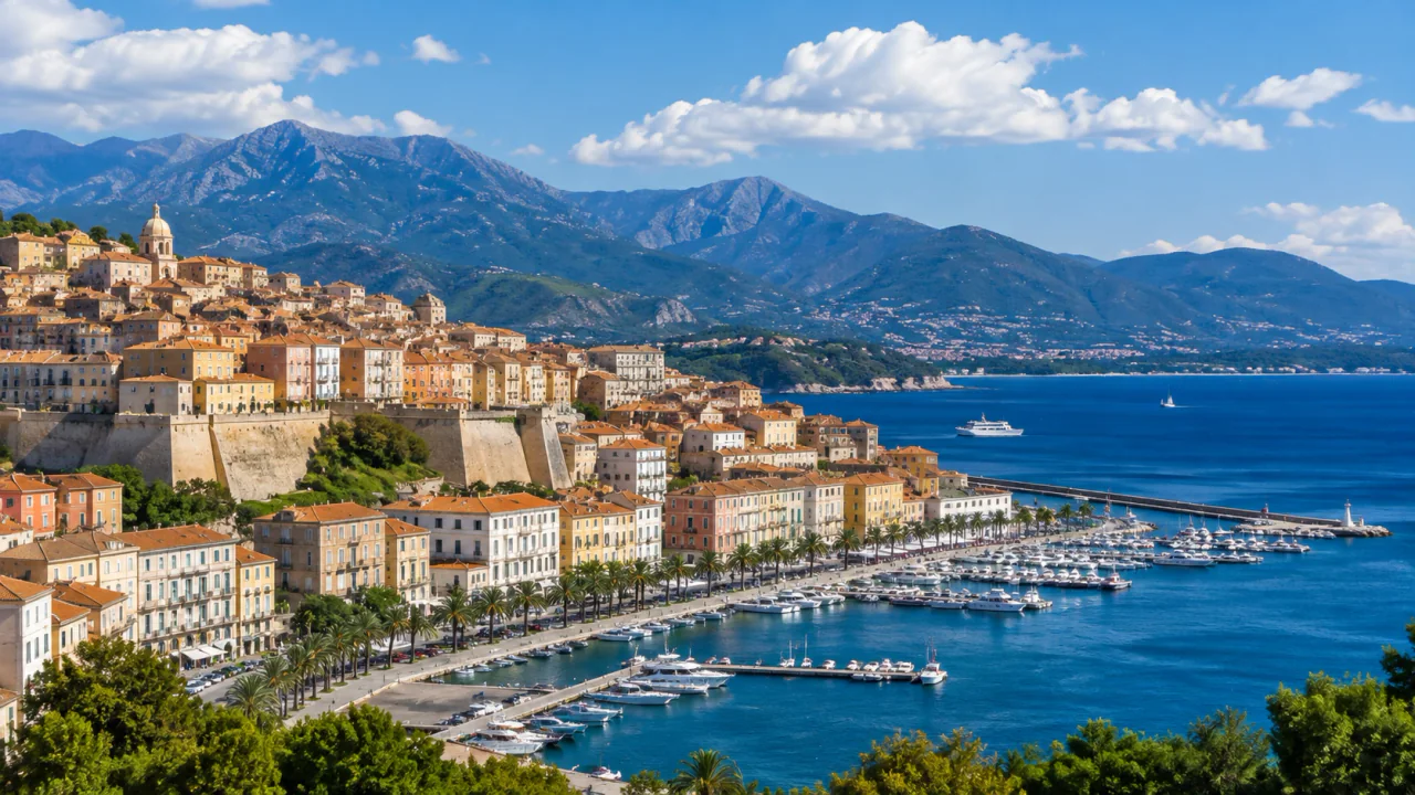 Panoramisch uitzicht op Ajaccio, de jachthaven en de door bergen omgeven golf
