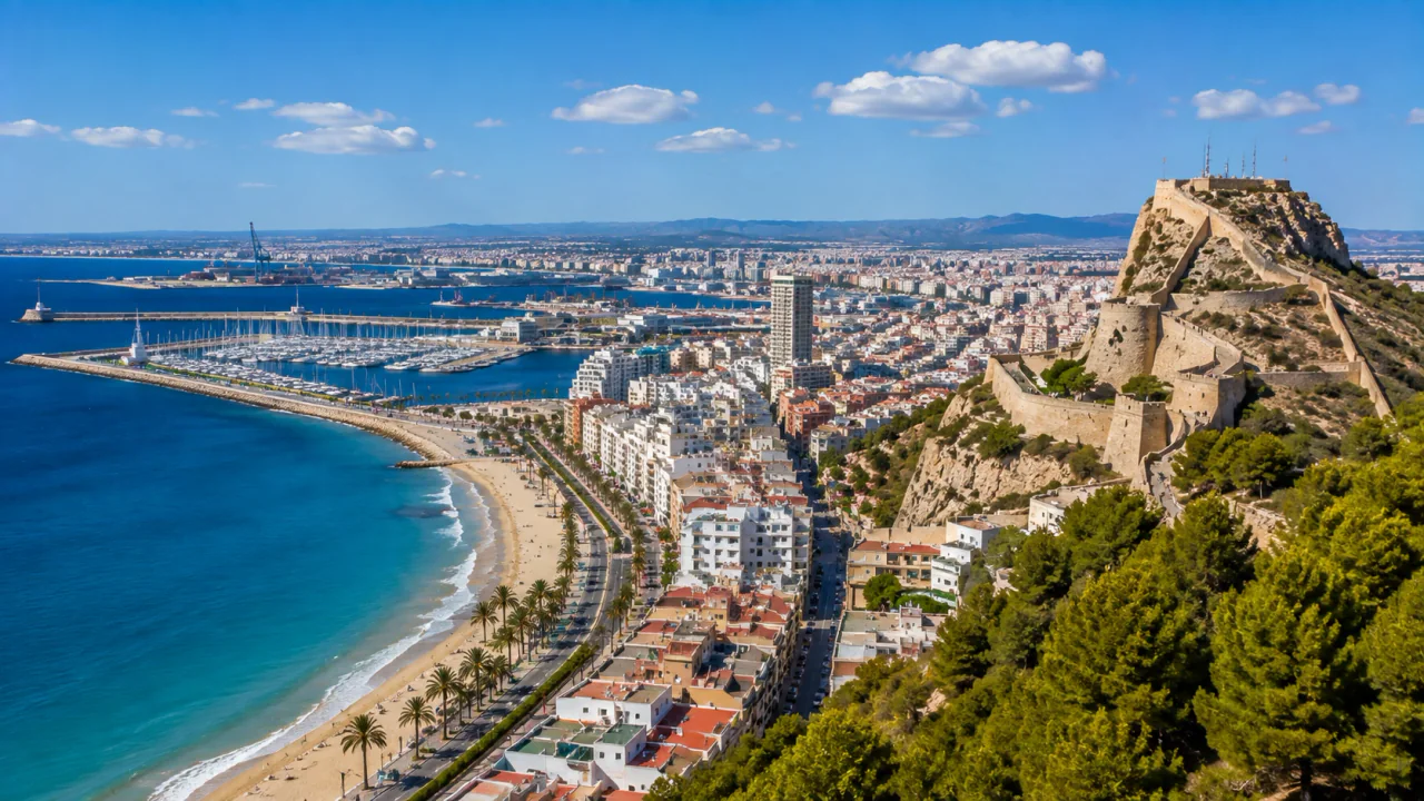 Luchtfoto van Alicante, Postiguet Strand en Santa Bárbara Castle