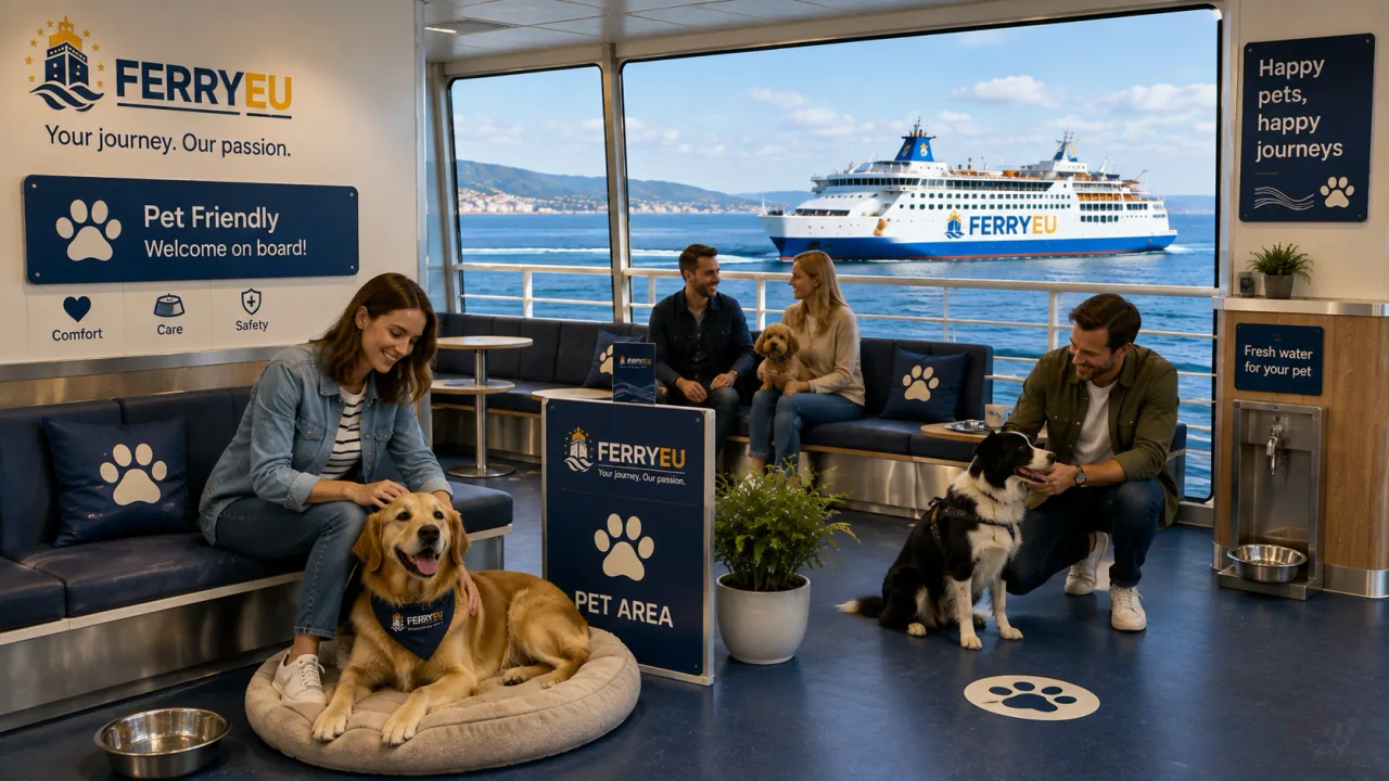 passagiers die met honden op een veerboot reizen