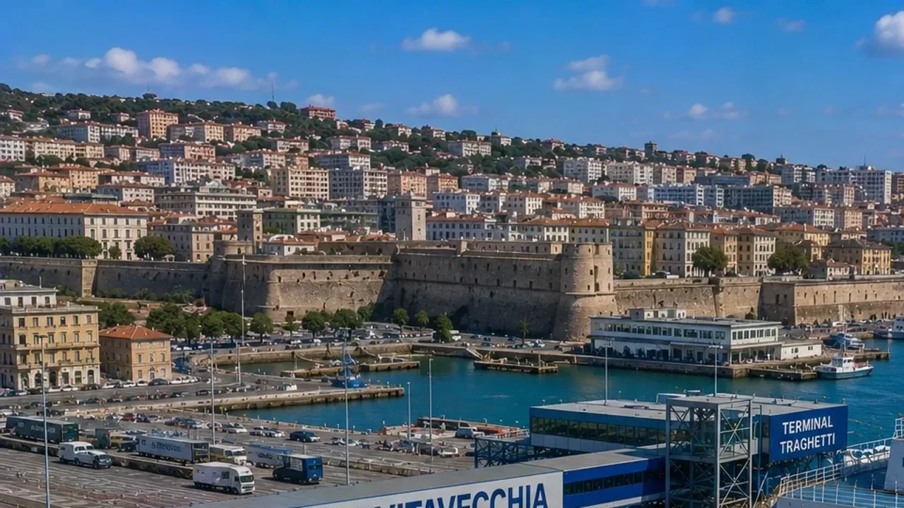 Civitavecchia veerboothaven en waterkant van de stad zonder niet-gerelateerde rederijmarkeringen