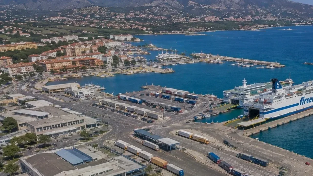 Luchtfoto van Olbia veerbootterminal met een Tirrenia passagiersveerboot